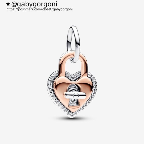 Pandora Two-tone Twistable Heart Padlock Double Dangle Charm - Picture 1 of 6